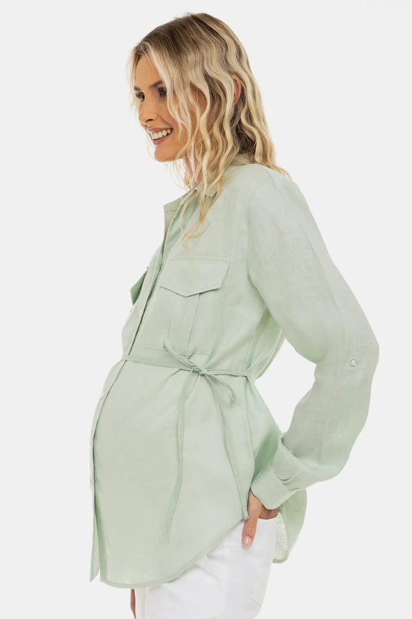 Λινό πουκάμισο εγκυμοσύνης και θηλασμού – ανοιχτό μέντα - - soonMAMA - Η σωστή προσθήκη στην κομψή και άνετη εγκυμοσύνη! - Παλτά για έγκυες