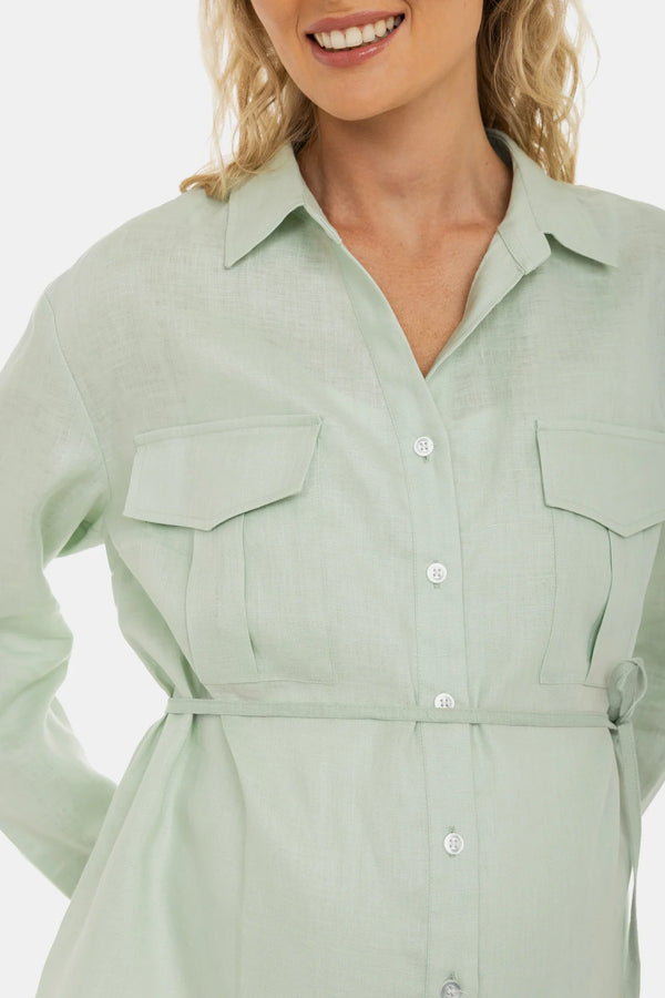 Λινό πουκάμισο εγκυμοσύνης και θηλασμού – ανοιχτό μέντα - - soonMAMA - Η σωστή προσθήκη στην κομψή και άνετη εγκυμοσύνη! - Παλτά για έγκυες