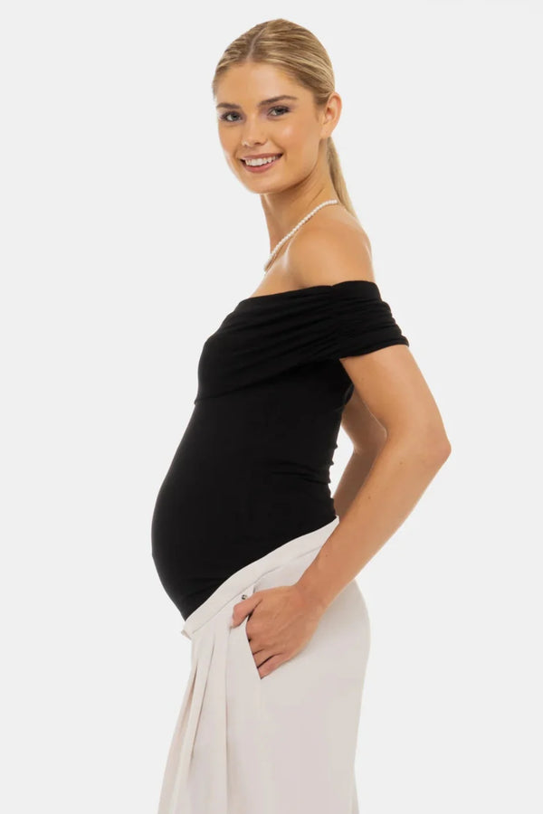 Κομψή μπλούζα εγκυμοσύνης με ριχτούς ώμους – μαύρη - - soonMAMA - Η σωστή προσθήκη στην κομψή και άνετη εγκυμοσύνη! - Παλτά για έγκυες