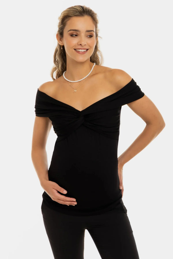 Κομψή μπλούζα εγκυμοσύνης με κόμπο - μαύρη - - soonMAMA - Η σωστή προσθήκη στην κομψή και άνετη εγκυμοσύνη! - Παλτά για έγκυες
