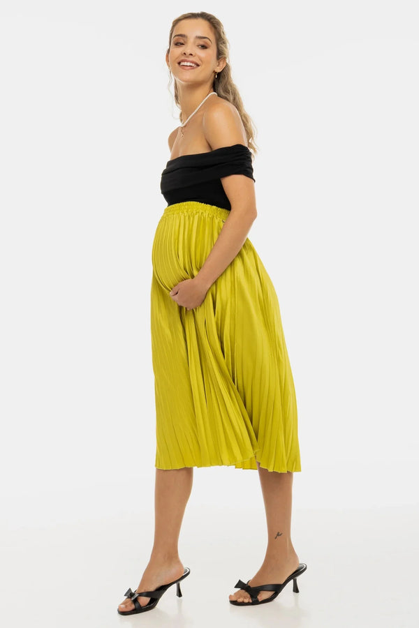 Σατέν πλισέ φούστα εγκυμοσύνης - λάιμ - - soonMAMA - Η σωστή προσθήκη στην κομψή και άνετη εγκυμοσύνη! - Παλτά για έγκυες