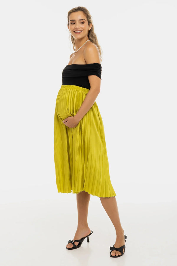 Σατέν πλισέ φούστα εγκυμοσύνης - λάιμ - - soonMAMA - Η σωστή προσθήκη στην κομψή και άνετη εγκυμοσύνη! - Παλτά για έγκυες