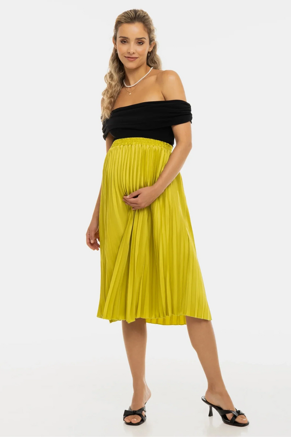 Σατέν πλισέ φούστα εγκυμοσύνης - λάιμ - - soonMAMA - Η σωστή προσθήκη στην κομψή και άνετη εγκυμοσύνη! - Παλτά για έγκυες