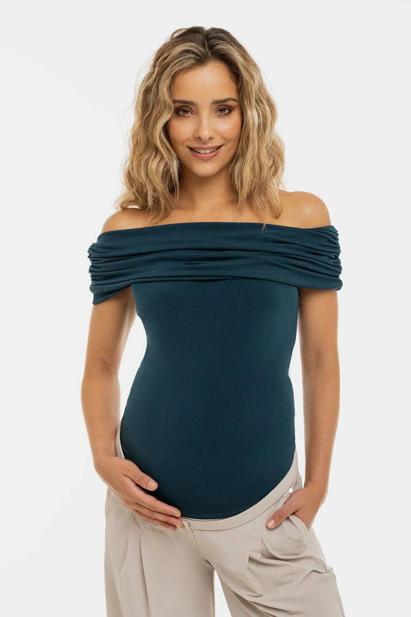 Κομψή μπλούζα εγκυμοσύνης με ριχτούς ώμους - τιρκουάζ - - soonMAMA - Η σωστή προσθήκη στην κομψή και άνετη εγκυμοσύνη! - Παλτά για έγκυες