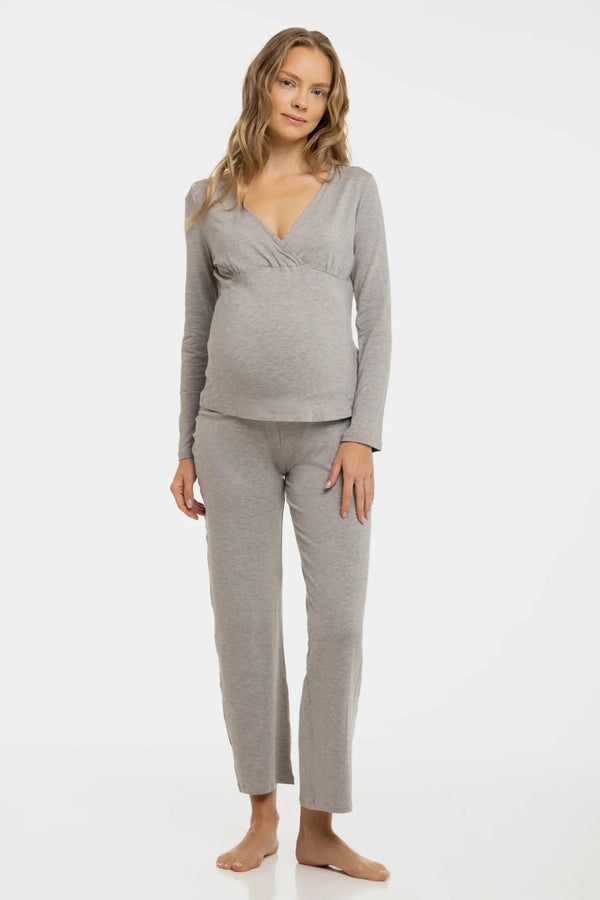 Πιτζάμες εγκυμοσύνης και θηλασμού – γκρι μελανζέ - - soonMAMA - Η σωστή προσθήκη στην κομψή και άνετη εγκυμοσύνη! - Παλτά για έγκυες