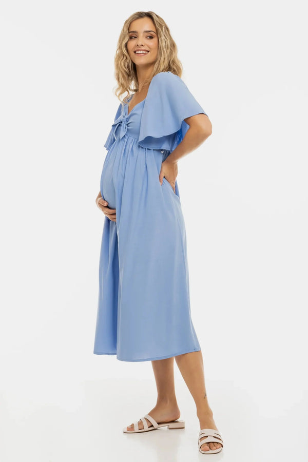 Καλοκαιρινό φόρεμα εγκυμοσύνης με σούρες στην πλάτη - μπλε - - soonMAMA - Η σωστή προσθήκη στην κομψή και άνετη εγκυμοσύνη! - Παλτά για έγκυες