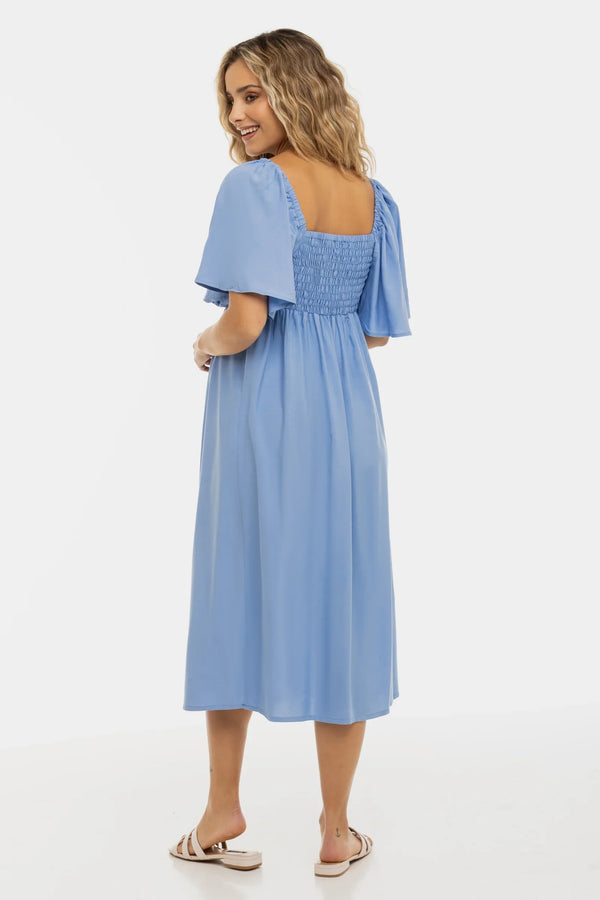 Καλοκαιρινό φόρεμα εγκυμοσύνης με σούρες στην πλάτη - μπλε - - soonMAMA - Η σωστή προσθήκη στην κομψή και άνετη εγκυμοσύνη! - Παλτά για έγκυες