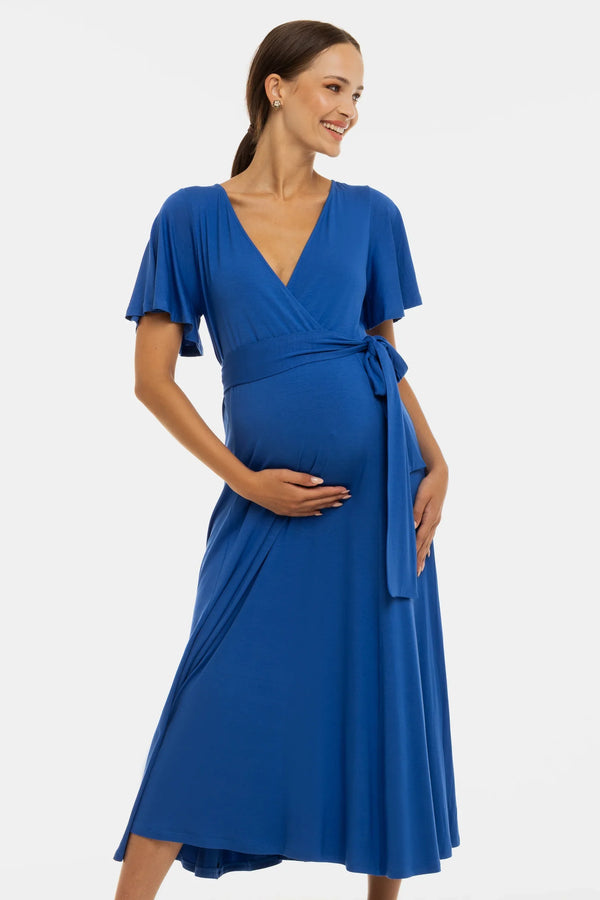 Μακρύ φόρεμα εγκυμοσύνης και θηλασμού σε γραμμή Α - μπλε - - soonMAMA - Η σωστή προσθήκη στην κομψή και άνετη εγκυμοσύνη! - Παλτά για έγκυες
