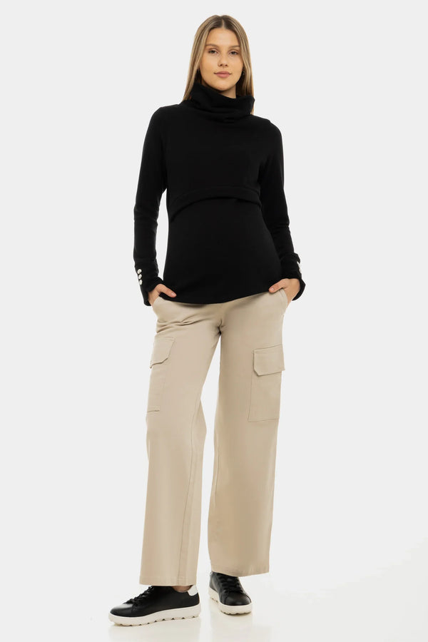 Φαρδύ μπεζ βαμβακερό παντελόνι εγκυμοσύνης - - soonMAMA - Η σωστή προσθήκη στην κομψή και άνετη εγκυμοσύνη! - Παλτά για έγκυες