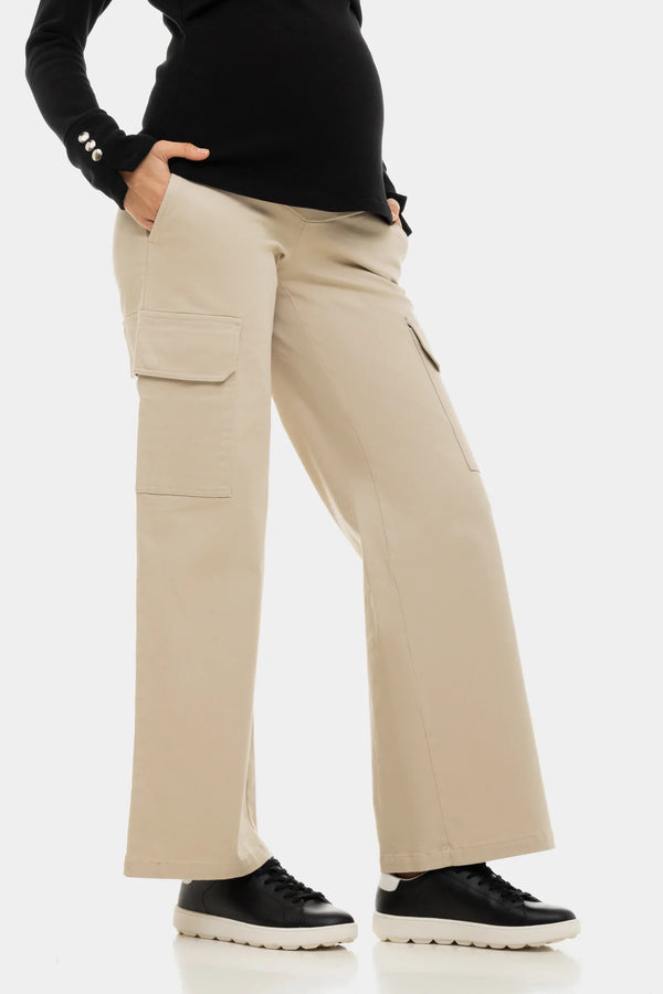 Φαρδύ μπεζ βαμβακερό παντελόνι εγκυμοσύνης - - soonMAMA - Η σωστή προσθήκη στην κομψή και άνετη εγκυμοσύνη! - Παλτά για έγκυες