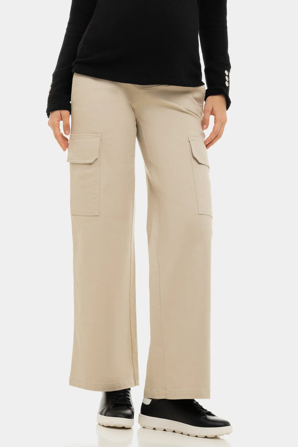 Φαρδύ μπεζ βαμβακερό παντελόνι εγκυμοσύνης - - soonMAMA - Η σωστή προσθήκη στην κομψή και άνετη εγκυμοσύνη! - Παλτά για έγκυες