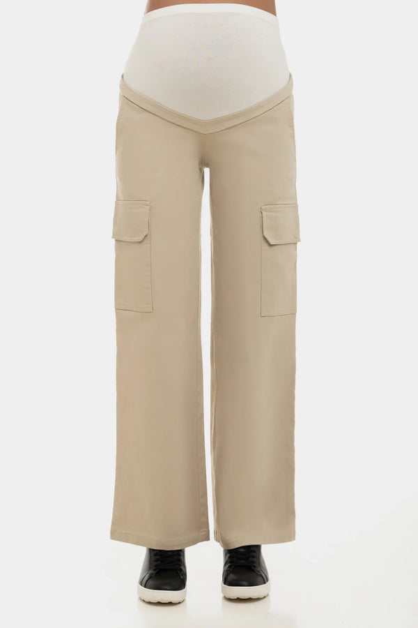 Φαρδύ μπεζ βαμβακερό παντελόνι εγκυμοσύνης - - soonMAMA - Η σωστή προσθήκη στην κομψή και άνετη εγκυμοσύνη! - Παλτά για έγκυες