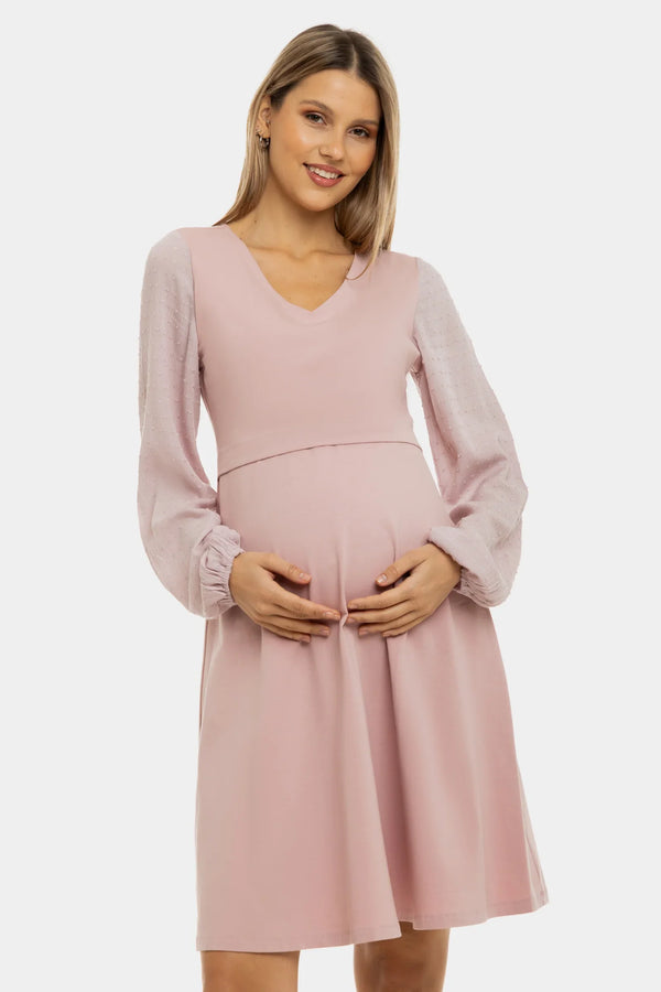 Φόρεμα εγκυμοσύνης και θηλασμού με λεπτομέρειες πουά - ροζ - - soonMAMA - Η σωστή προσθήκη στην κομψή και άνετη εγκυμοσύνη! - Παλτά για έγκυες