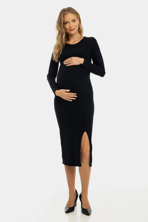 Μακρύ φόρεμα εγκυμοσύνης με σκίσιμο σε σκούρο μπλε - - soonMAMA - Η σωστή προσθήκη στην κομψή και άνετη εγκυμοσύνη! - Παλτά για έγκυες