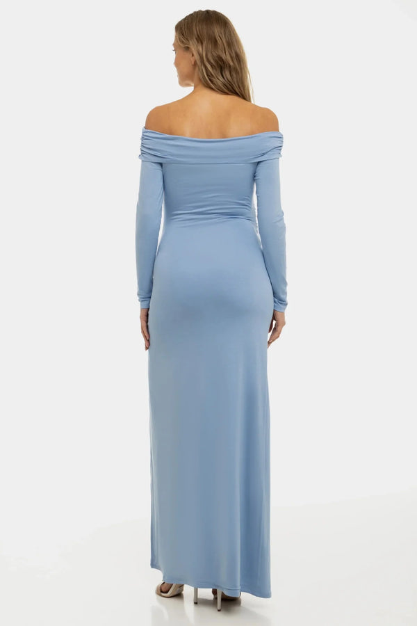 Κομψό ανοιχτό μπλε φόρεμα με ακάλυπτους ώμους - - soonMAMA - Η σωστή προσθήκη στην κομψή και άνετη εγκυμοσύνη! - Παλτά για έγκυες