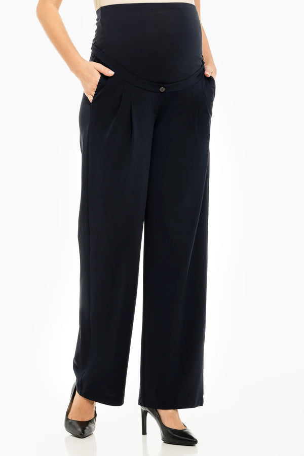 Ελαστικό παντελόνι εγκυμοσύνης σε Α-γραμμή με πιέτες – σκούρο μπλε