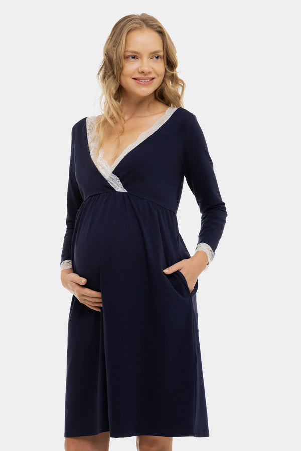 Βαμβακερό νυχτικό εγκυμοσύνης και θηλασμού με ⅞ μανίκια - σκούρο μπλε - - soonMAMA - Η σωστή προσθήκη στην κομψή και άνετη εγκυμοσύνη! - Παλτά για έγκυες