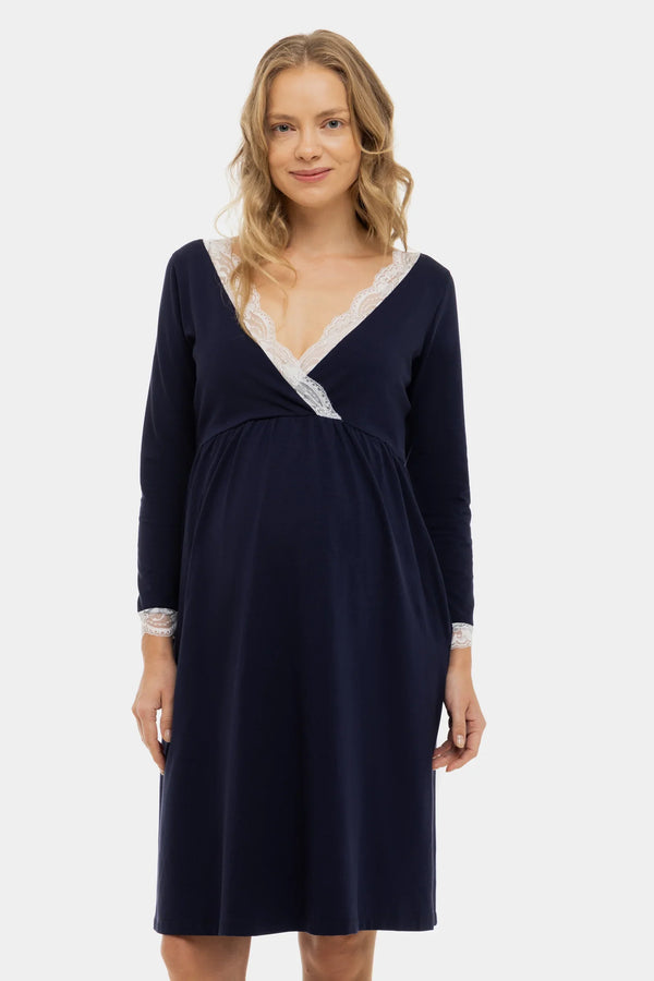 Βαμβακερό νυχτικό εγκυμοσύνης και θηλασμού με ⅞ μανίκια - σκούρο μπλε - - soonMAMA - Η σωστή προσθήκη στην κομψή και άνετη εγκυμοσύνη! - Παλτά για έγκυες