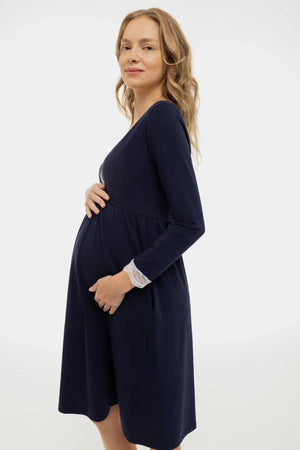Βαμβακερό νυχτικό εγκυμοσύνης και θηλασμού με ⅞ μανίκια - σκούρο μπλε - - soonMAMA - Η σωστή προσθήκη στην κομψή και άνετη εγκυμοσύνη! - Παλτά για έγκυες