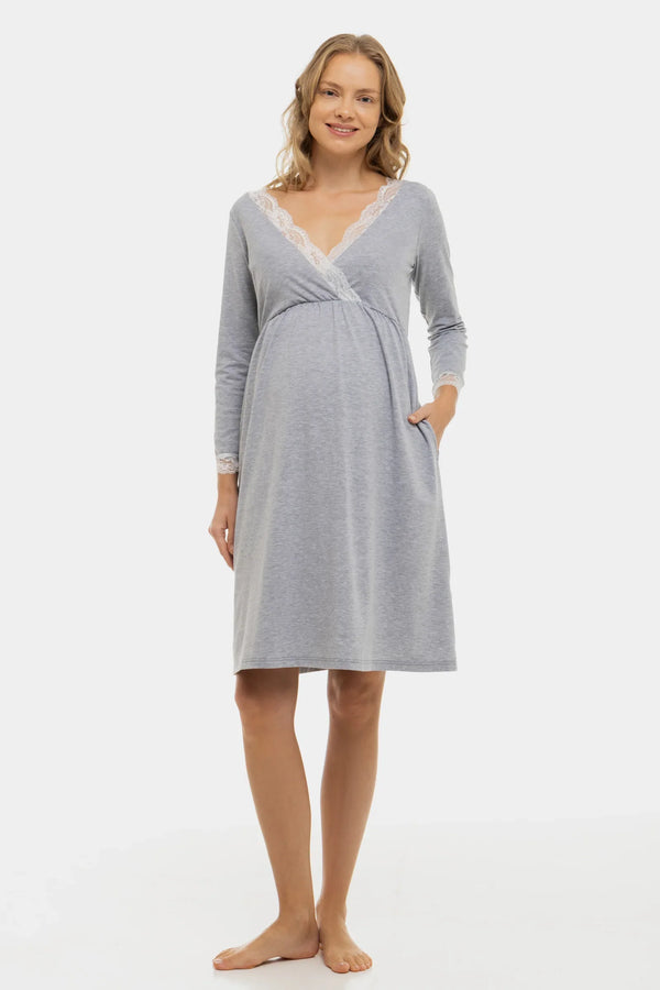 Βαμβακερό νυχτικό εγκυμοσύνης και θηλασμού με ⅞ μανίκια - γκρι - - soonMAMA - Η σωστή προσθήκη στην κομψή και άνετη εγκυμοσύνη! - Παλτά για έγκυες