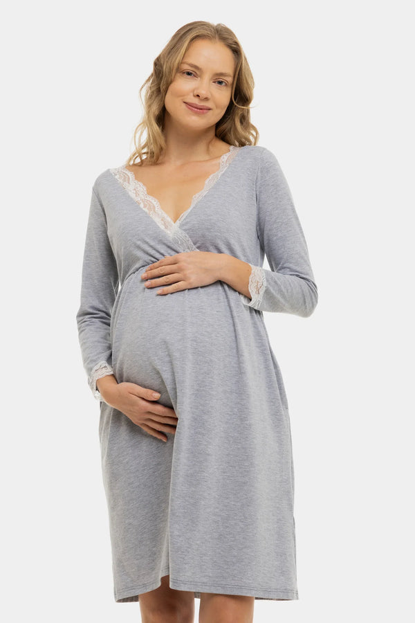 Βαμβακερό νυχτικό εγκυμοσύνης και θηλασμού με ⅞ μανίκια - γκρι - - soonMAMA - Η σωστή προσθήκη στην κομψή και άνετη εγκυμοσύνη! - Παλτά για έγκυες
