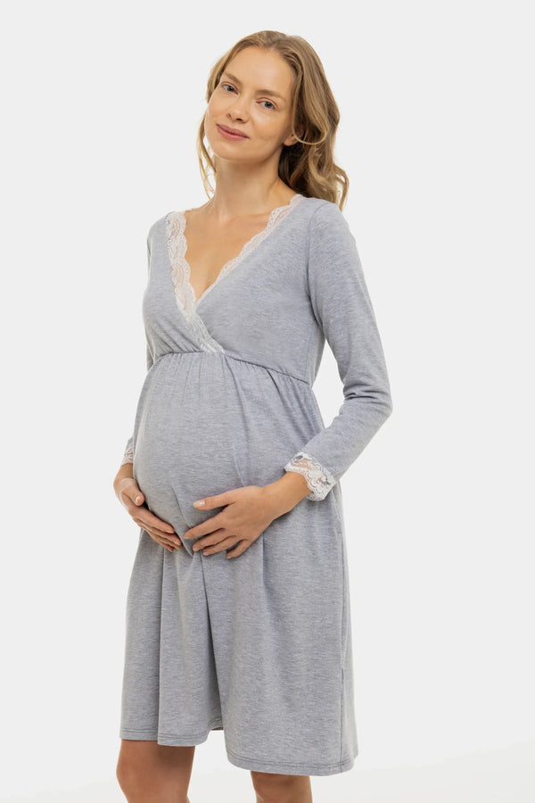 Βαμβακερό νυχτικό εγκυμοσύνης και θηλασμού με ⅞ μανίκια - γκρι - - soonMAMA - Η σωστή προσθήκη στην κομψή και άνετη εγκυμοσύνη! - Παλτά για έγκυες