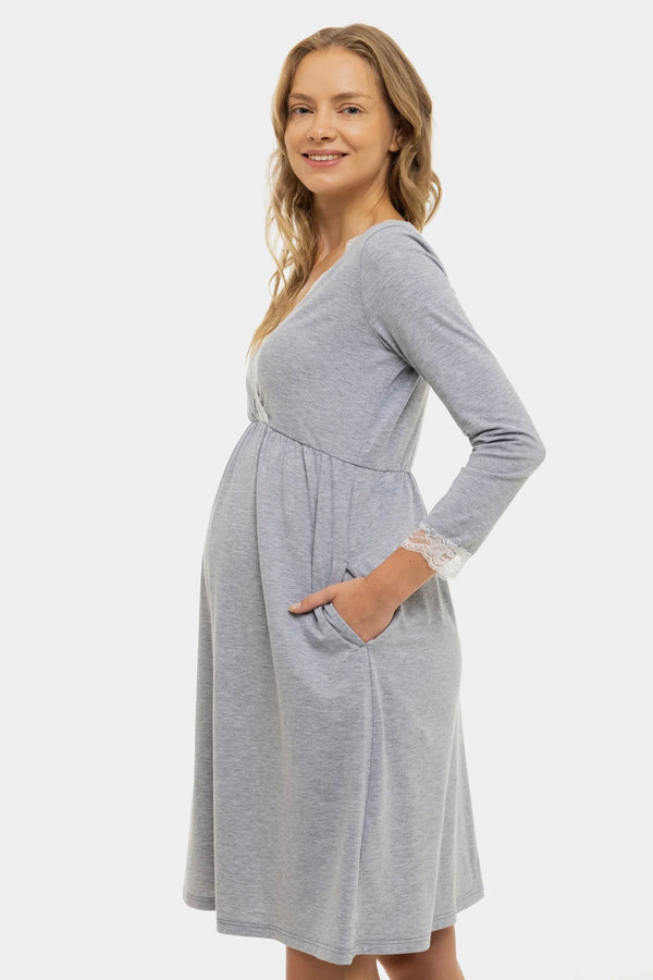 Βαμβακερό νυχτικό εγκυμοσύνης και θηλασμού με ⅞ μανίκια - γκρι - - soonMAMA - Η σωστή προσθήκη στην κομψή και άνετη εγκυμοσύνη! - Παλτά για έγκυες