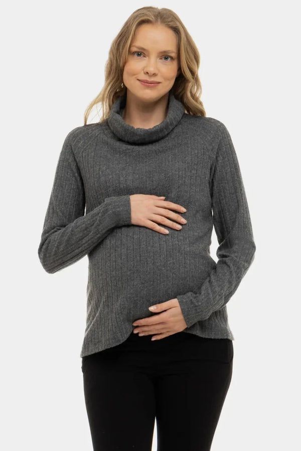 Σκούρο γκρι πλεκτό πουλόβερ εγκυμοσύνης και θηλασμού - - soonMAMA - Η σωστή προσθήκη στην κομψή και άνετη εγκυμοσύνη! - Παλτά για έγκυες