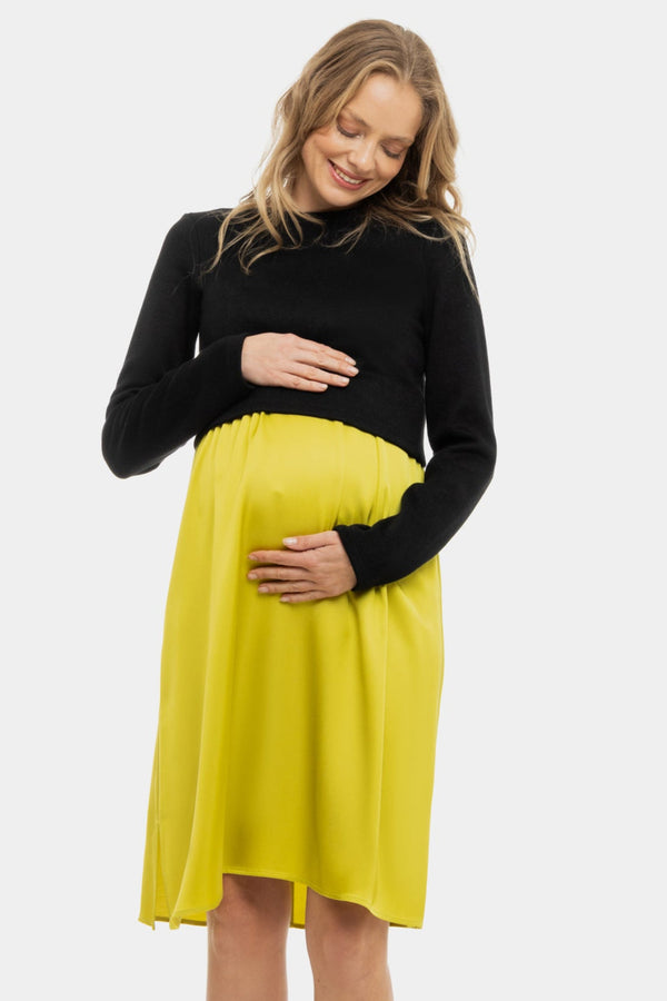 Σατέν φόρεμα με πουλόβερ εγκυμοσύνης και θηλασμό - λεμόνιο - - soonMAMA - Η σωστή προσθήκη στην κομψή και άνετη εγκυμοσύνη! - Παλτά για έγκυες