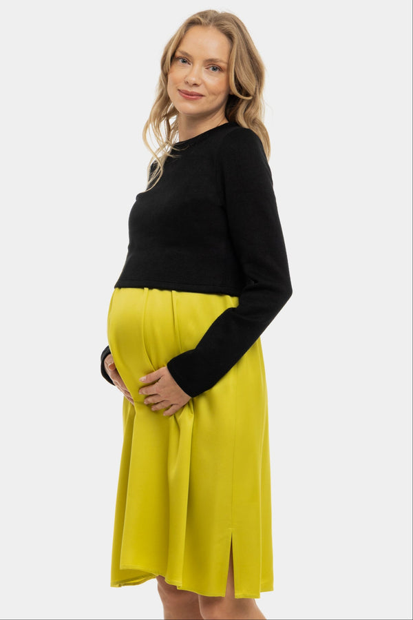 Σατέν φόρεμα με πουλόβερ εγκυμοσύνης και θηλασμό - λεμόνιο - - soonMAMA - Η σωστή προσθήκη στην κομψή και άνετη εγκυμοσύνη! - Παλτά για έγκυες