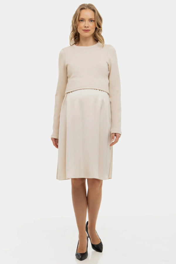 Σατέν φόρεμα με πουλόβερ εγκυμοσύνης και θηλασμό - μπεζ