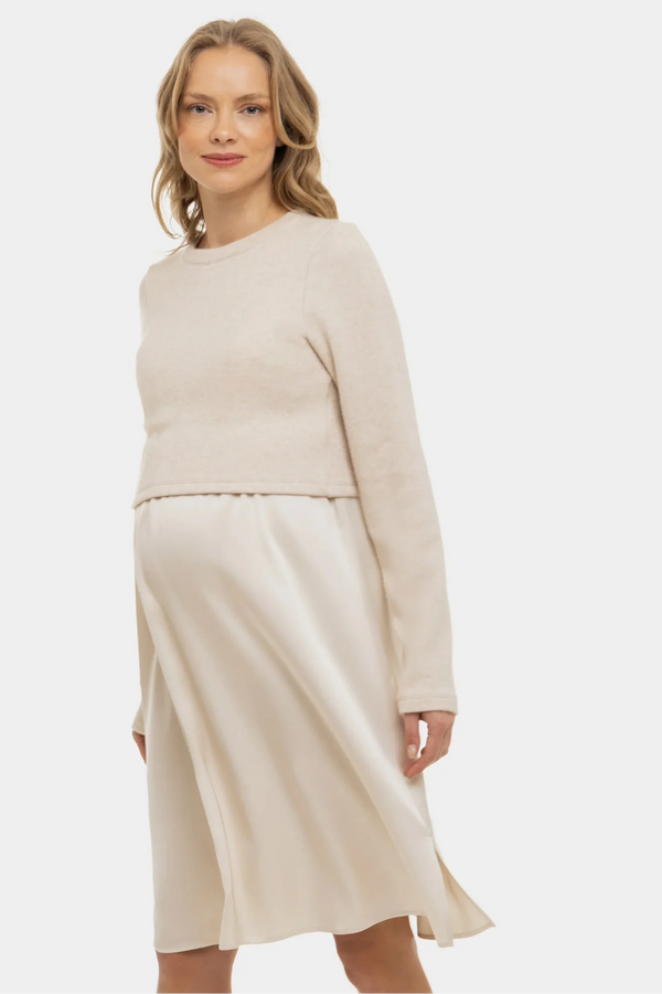 Σατέν φόρεμα με πουλόβερ εγκυμοσύνης και θηλασμό - μπεζ