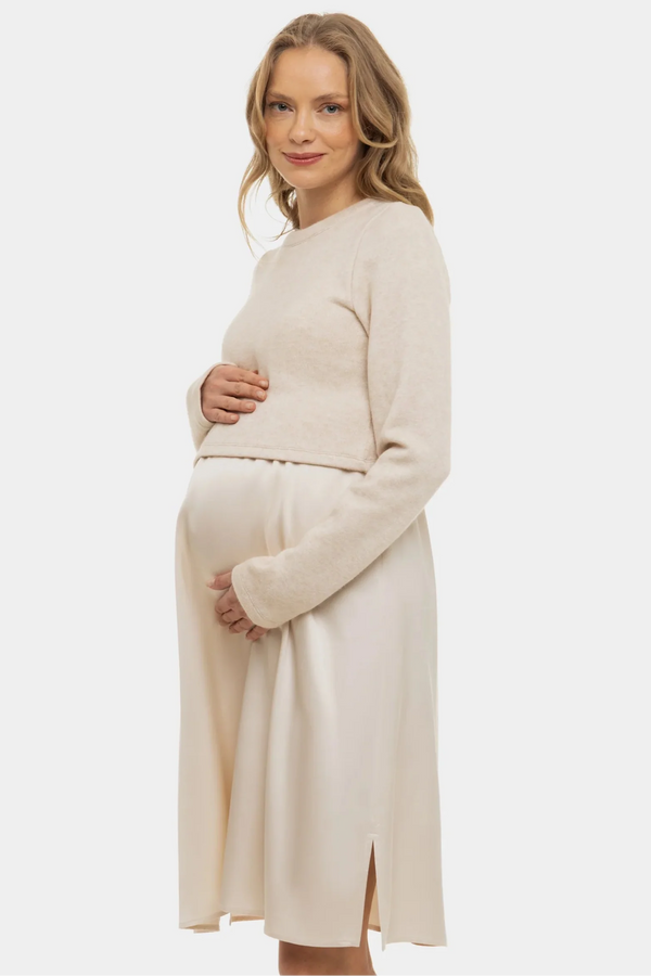 Σατέν φόρεμα με πουλόβερ εγκυμοσύνης και θηλασμό - μπεζ - - soonMAMA - Η σωστή προσθήκη στην κομψή και άνετη εγκυμοσύνη! - Παλτά για έγκυες