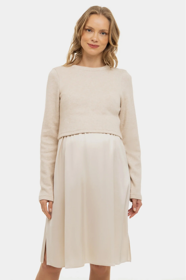 Σατέν φόρεμα με πουλόβερ εγκυμοσύνης και θηλασμό - μπεζ - - soonMAMA - Η σωστή προσθήκη στην κομψή και άνετη εγκυμοσύνη! - Παλτά για έγκυες