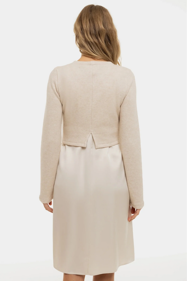 Σατέν φόρεμα με πουλόβερ εγκυμοσύνης και θηλασμό - μπεζ