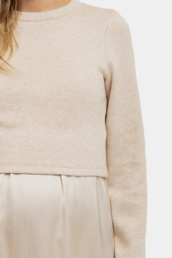 Σατέν φόρεμα με πουλόβερ εγκυμοσύνης και θηλασμό - μπεζ - - soonMAMA - Η σωστή προσθήκη στην κομψή και άνετη εγκυμοσύνη! - Παλτά για έγκυες