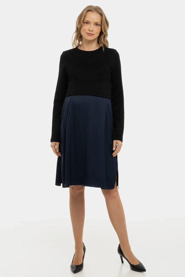 Σατέν φόρεμα με πουλόβερ εγκυμοσύνης και θηλασμό - σκούρο μπλε
