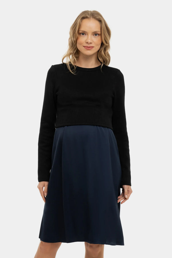 Σατέν φόρεμα με πουλόβερ εγκυμοσύνης και θηλασμό - σκούρο μπλε - - soonMAMA - Η σωστή προσθήκη στην κομψή και άνετη εγκυμοσύνη! - Παλτά για έγκυες