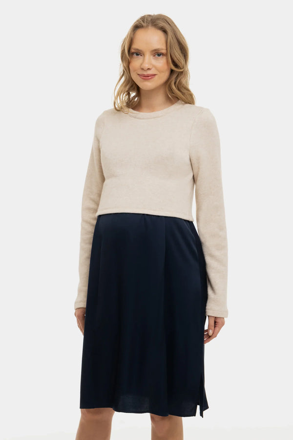 Σατέν φόρεμα με πουλόβερ εγκυμοσύνης και θηλασμό - σκούρο μπλε - - soonMAMA - Η σωστή προσθήκη στην κομψή και άνετη εγκυμοσύνη! - Παλτά για έγκυες