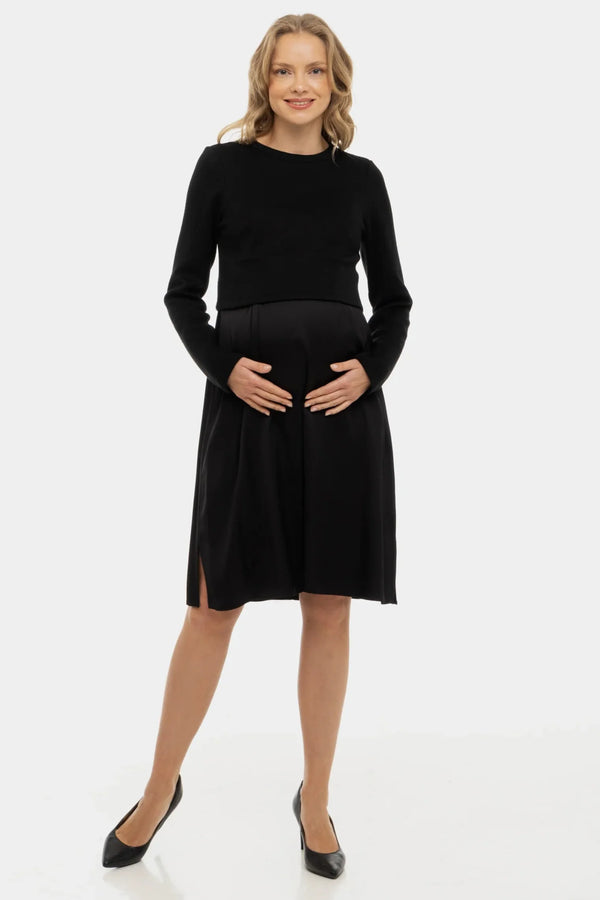 Σατέν φόρεμα με πουλόβερ εγκυμοσύνης και θηλασμό - μαύρος - - soonMAMA - Η σωστή προσθήκη στην κομψή και άνετη εγκυμοσύνη! - Παλτά για έγκυες