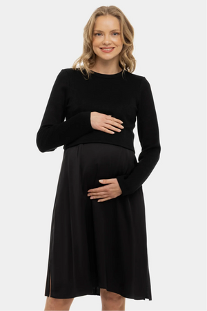 Σατέν φόρεμα με πουλόβερ εγκυμοσύνης και θηλασμό - μαύρος - - soonMAMA - Η σωστή προσθήκη στην κομψή και άνετη εγκυμοσύνη! - Παλτά για έγκυες