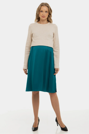 Σατέν φόρεμα με πουλόβερ εγκυμοσύνης και θηλασμό - τουρκουάζ - - soonMAMA - Η σωστή προσθήκη στην κομψή και άνετη εγκυμοσύνη! - Παλτά για έγκυες