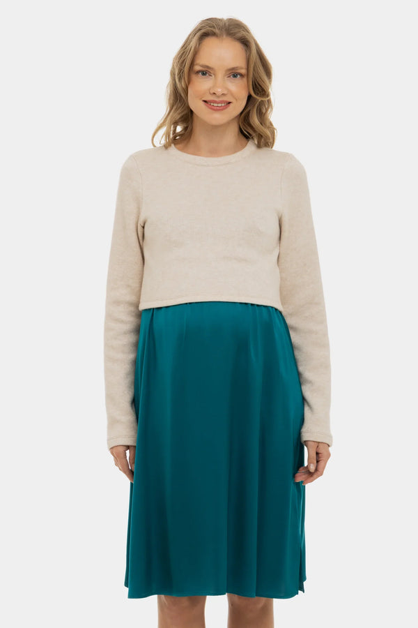 Σατέν φόρεμα με πουλόβερ εγκυμοσύνης και θηλασμό - τουρκουάζ - - soonMAMA - Η σωστή προσθήκη στην κομψή και άνετη εγκυμοσύνη! - Παλτά για έγκυες