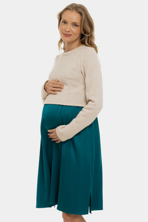 Σατέν φόρεμα με πουλόβερ εγκυμοσύνης και θηλασμό - τουρκουάζ - - soonMAMA - Η σωστή προσθήκη στην κομψή και άνετη εγκυμοσύνη! - Παλτά για έγκυες