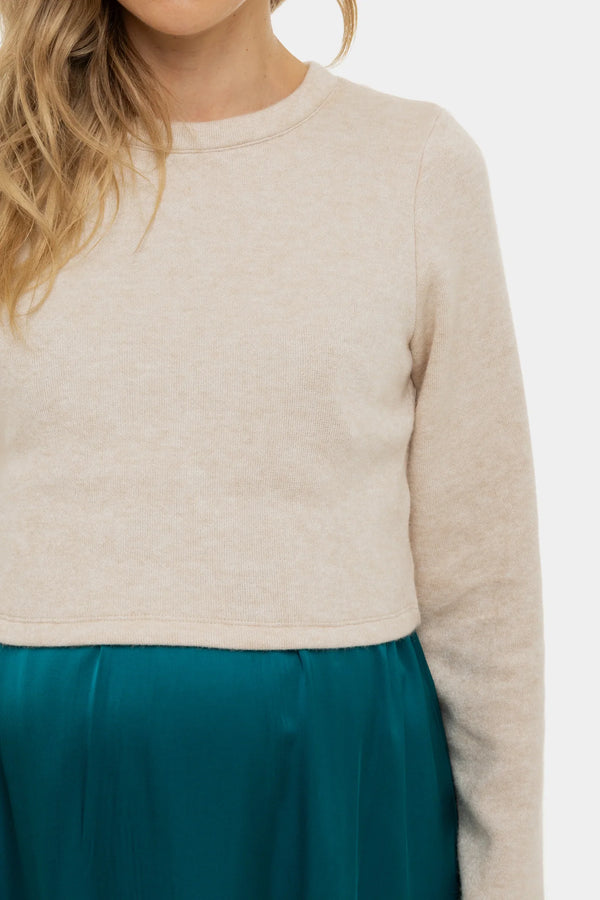 Σατέν φόρεμα με πουλόβερ εγκυμοσύνης και θηλασμό - τουρκουάζ - - soonMAMA - Η σωστή προσθήκη στην κομψή και άνετη εγκυμοσύνη! - Παλτά για έγκυες