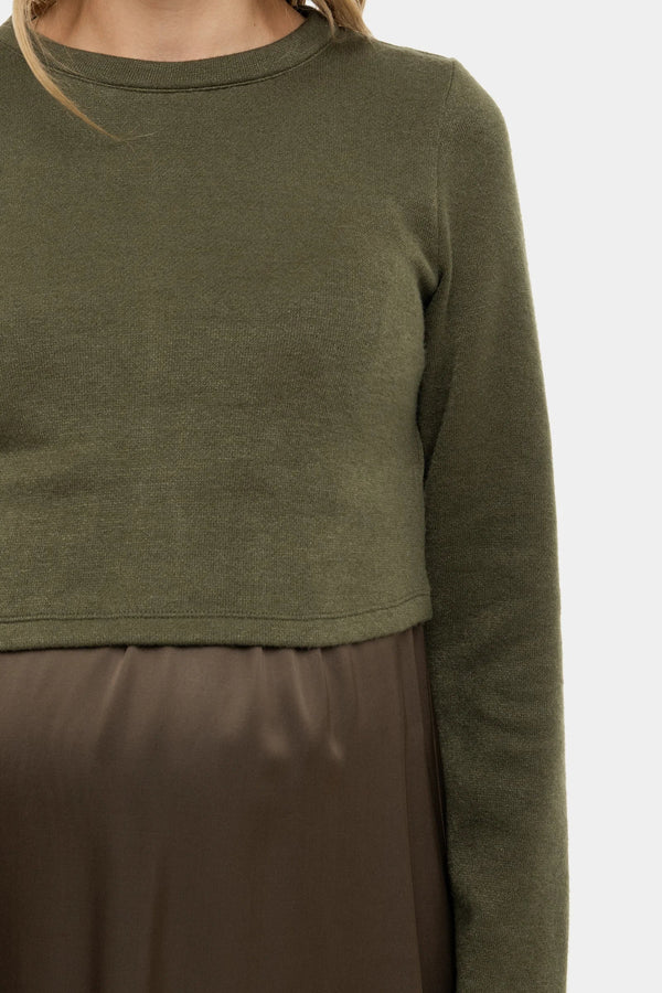 Σατέν φόρεμα με πουλόβερ εγκυμοσύνης και θηλασμό - χακί - - soonMAMA - Η σωστή προσθήκη στην κομψή και άνετη εγκυμοσύνη! - Παλτά για έγκυες