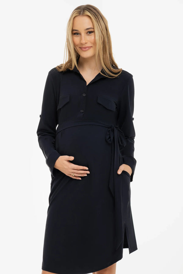 Ελαστικό φόρεμα εγκυμοσύνης και θηλασμό με γιακά – σκούρο μπλε