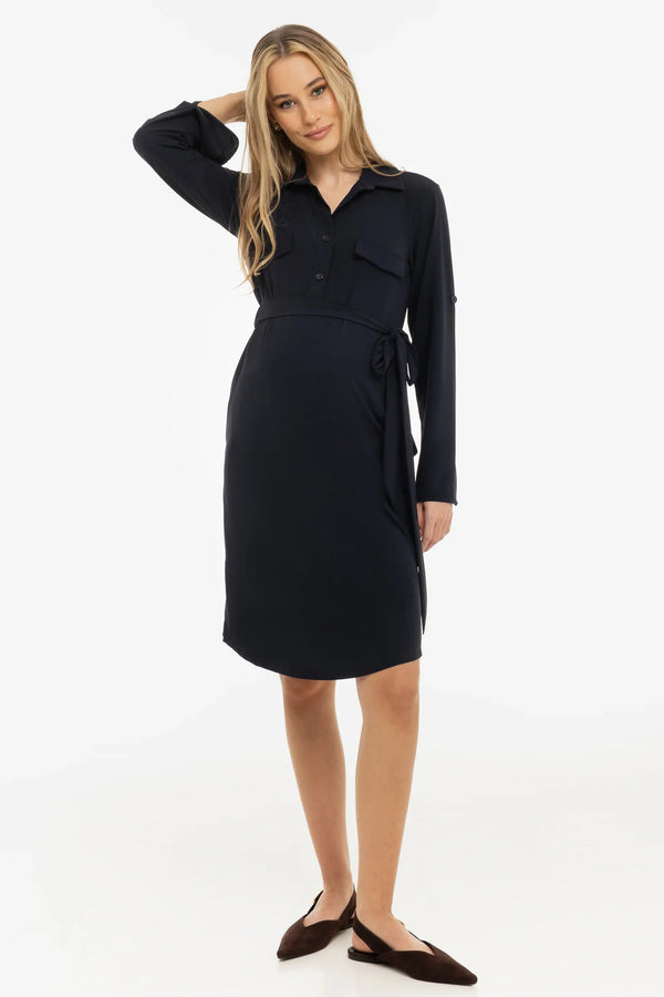 Ελαστικό φόρεμα εγκυμοσύνης και θηλασμό με γιακά – σκούρο μπλε