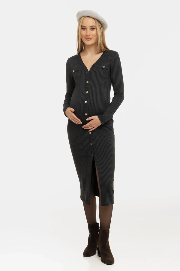 Πλεκτό φόρεμα εγκυμοσύνης και θηλασμού με κουμπιά – ανθρακί - - soonMAMA - Η σωστή προσθήκη στην κομψή και άνετη εγκυμοσύνη! - Παλτά για έγκυες
