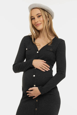 Πλεκτό φόρεμα εγκυμοσύνης και θηλασμού με κουμπιά – ανθρακί - - soonMAMA - Η σωστή προσθήκη στην κομψή και άνετη εγκυμοσύνη! - Παλτά για έγκυες